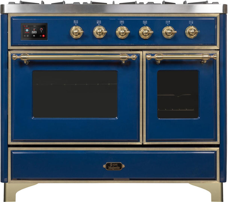 ILVE 40" Majestic II Dual Fuel Range with 6 Sealed Burners and Griddle - 3.82 cu. ft. Oven - Brass Trim in Midnight Blue (UMD10FDNS3MBG)