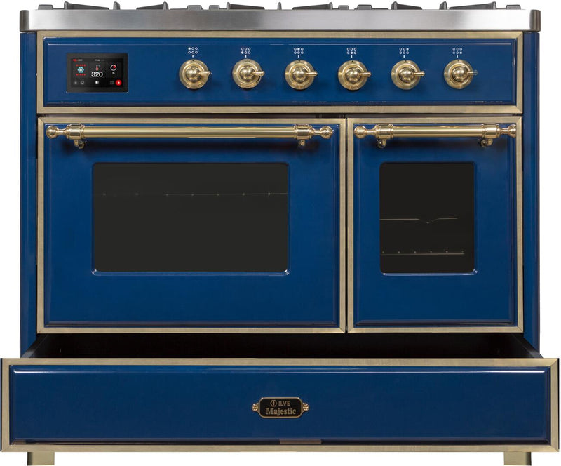 ILVE 40" Majestic II Dual Fuel Range with 6 Sealed Burners and Griddle - 3.82 cu. ft. Oven - Brass Trim in Midnight Blue (UMD10FDNS3MBG)