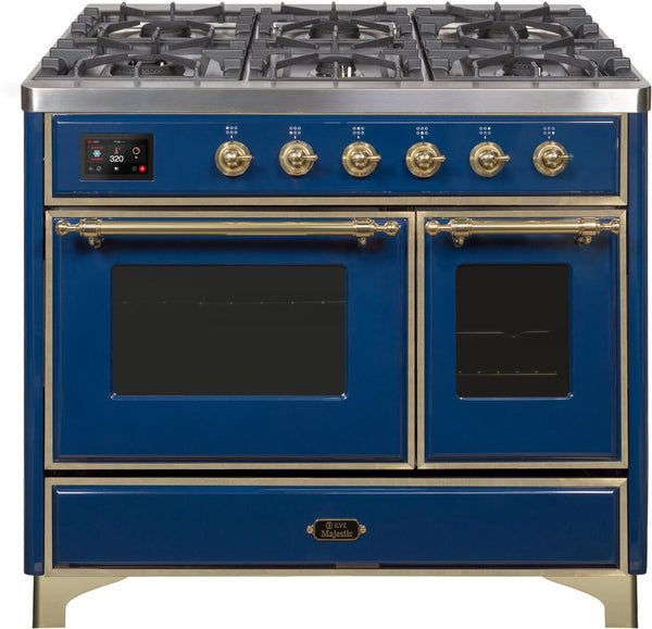 ILVE 40" Majestic II Dual Fuel Range with 6 Sealed Burners and Griddle - 3.82 cu. ft. Oven - Brass Trim in Midnight Blue (UMD10FDNS3MBG)