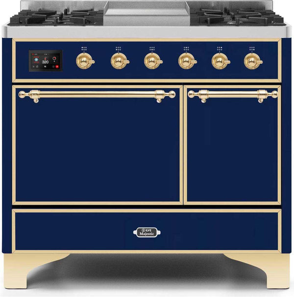 ILVE 40" Majestic II Dual Fuel Range with 6 Sealed Burners and Griddle - 3.82 cu. ft. Oven - Brass Trim in Midnight Blue (UMD10FDQNS3MBG)