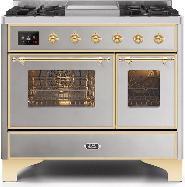 ILVE 40" Majestic II Dual Fuel Range with 6 Sealed Burners and Griddle - 3.82 cu. ft. Oven - Brass Trim in Stainless Steel (UMD10FDNS3SSG)