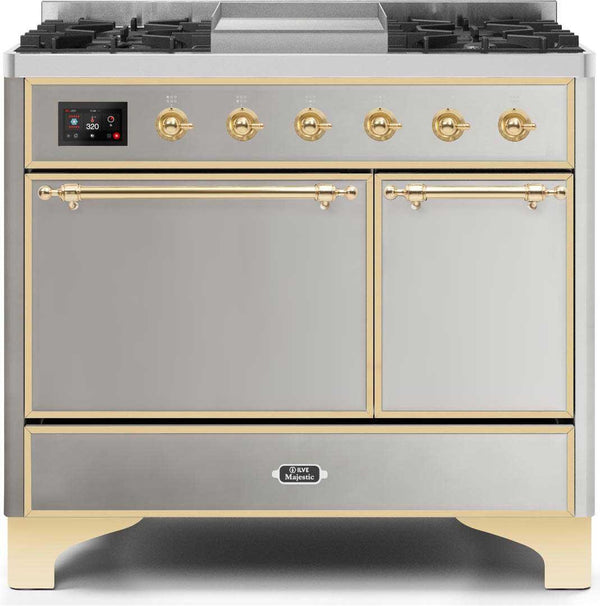 ILVE 40" Majestic II Dual Fuel Range with 6 Sealed Burners and Griddle - 3.82 cu. ft. Oven - Brass Trim in Stainless Steel (UMD10FDQNS3SSG)