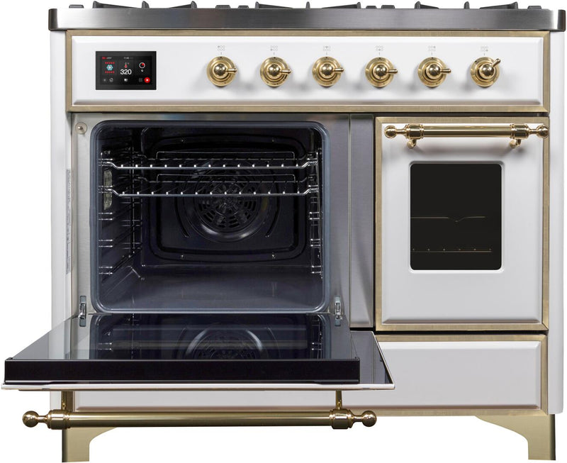 ILVE 40" Majestic II Dual Fuel Range with 6 Sealed Burners and Griddle - 3.82 cu. ft. Oven - Brass Trim in White (UMD10FDNS3WHG)