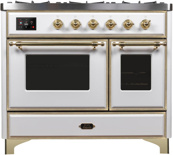 ILVE 40" Majestic II Dual Fuel Range with 6 Sealed Burners and Griddle - 3.82 cu. ft. Oven - Brass Trim in White (UMD10FDNS3WHG)