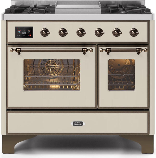 ILVE 40" Majestic II Dual Fuel Range with 6 Sealed Burners and Griddle - 3.82 cu. ft. Oven - Bronze Trim in Antique White (UMD10FDNS3AWB)