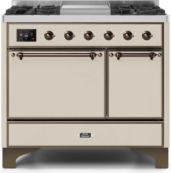 ILVE 40" Majestic II Dual Fuel Range with 6 Sealed Burners and Griddle - 3.82 cu. ft. Oven - Bronze Trim in Antique White (UMD10FDQNS3AWB)