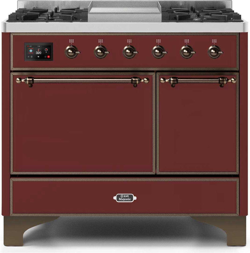 ILVE 40" Majestic II Dual Fuel Range with 6 Sealed Burners and Griddle - 3.82 cu. ft. Oven - Bronze Trim in Burgundy (UMD10FDQNS3BUB)