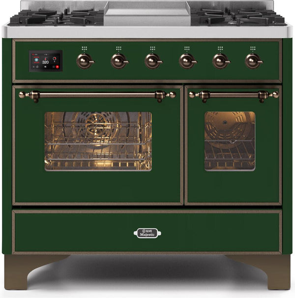 ILVE 40" Majestic II Dual Fuel Range with 6 Sealed Burners and Griddle - 3.82 cu. ft. Oven - Bronze Trim in Emerald Green (UMD10FDNS3EGB)