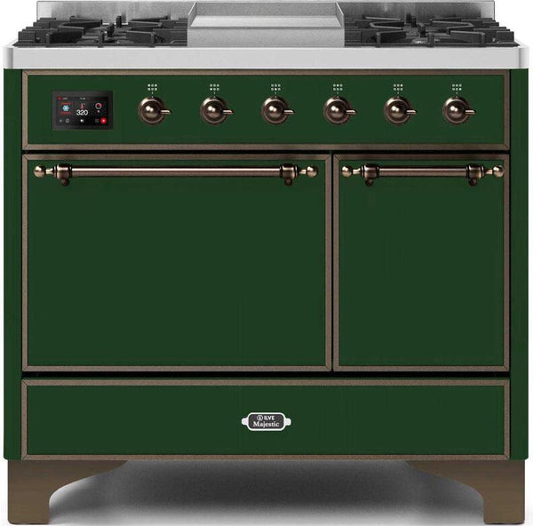 ILVE 40" Majestic II Dual Fuel Range with 6 Sealed Burners and Griddle - 3.82 cu. ft. Oven - Bronze Trim in Emerald Green (UMD10FDQNS3EGB)