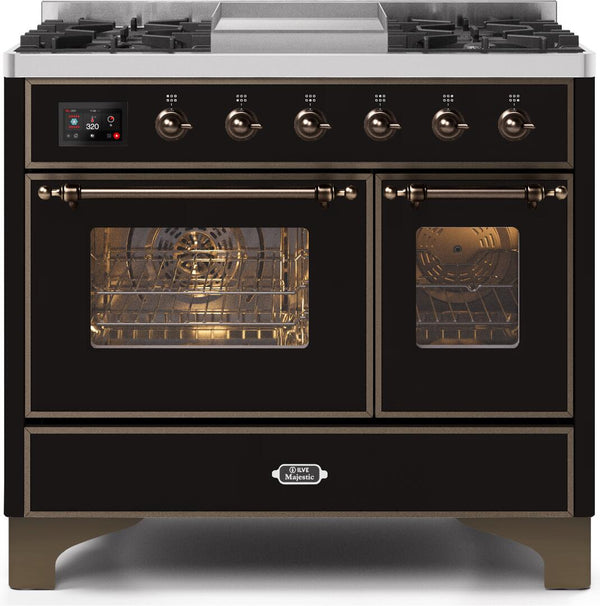 ILVE 40" Majestic II Dual Fuel Range with 6 Sealed Burners and Griddle - 3.82 cu. ft. Oven - Bronze Trim in Glossy Black (UMD10FDNS3BKB)