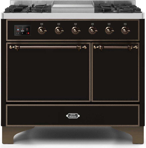 ILVE 40" Majestic II Dual Fuel Range with 6 Sealed Burners and Griddle - 3.82 cu. ft. Oven - Bronze Trim in Glossy Black (UMD10FDQNS3BKB)