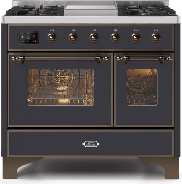 ILVE 40" Majestic II Dual Fuel Range with 6 Sealed Burners and Griddle - 3.82 cu. ft. Oven - Bronze Trim in Matte Graphite (UMD10FDNS3MGB)