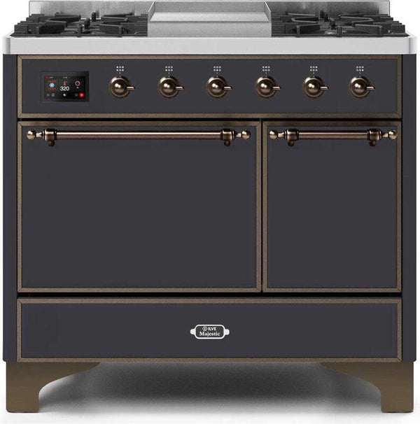 ILVE 40" Majestic II Dual Fuel Range with 6 Sealed Burners and Griddle - 3.82 cu. ft. Oven - Bronze Trim in Matte Graphite (UMD10FDQNS3MGB)