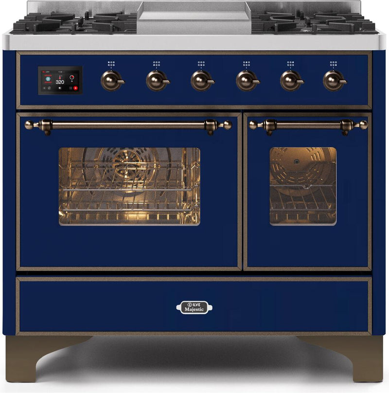 ILVE 40" Majestic II Dual Fuel Range with 6 Sealed Burners and Griddle - 3.82 cu. ft. Oven - Bronze Trim in Midnight Blue (UMD10FDNS3MBB)