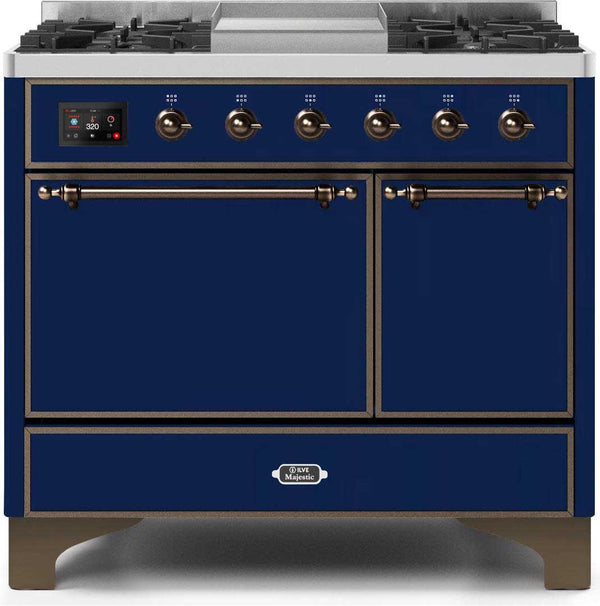 ILVE 40" Majestic II Dual Fuel Range with 6 Sealed Burners and Griddle - 3.82 cu. ft. Oven - Bronze Trim in Midnight Blue (UMD10FDQNS3MBB)