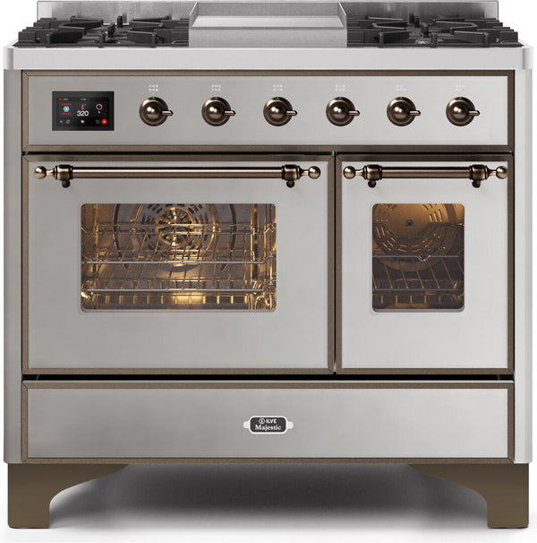 ILVE 40" Majestic II Dual Fuel Range with 6 Sealed Burners and Griddle - 3.82 cu. ft. Oven - Bronze Trim in Stainless Steel (UMD10FDNS3SSB)