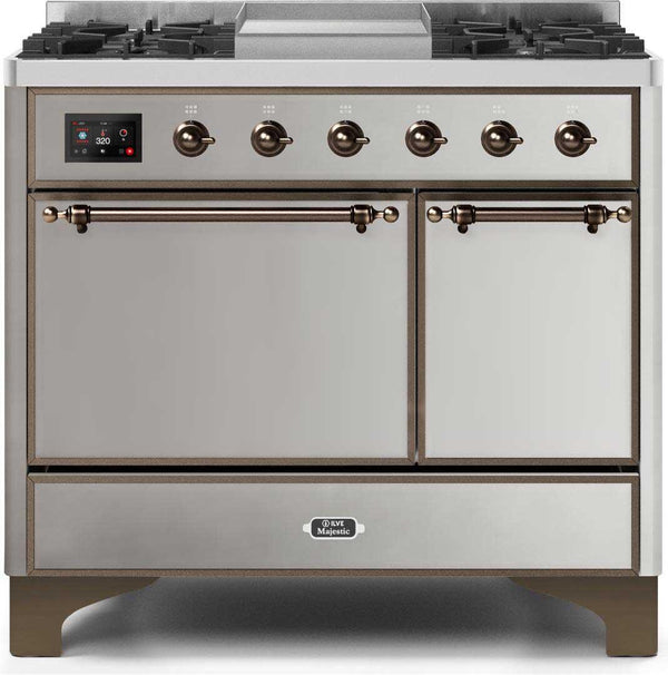 ILVE 40" Majestic II Dual Fuel Range with 6 Sealed Burners and Griddle - 3.82 cu. ft. Oven - Bronze Trim in Stainless Steel (UMD10FDQNS3SSB)