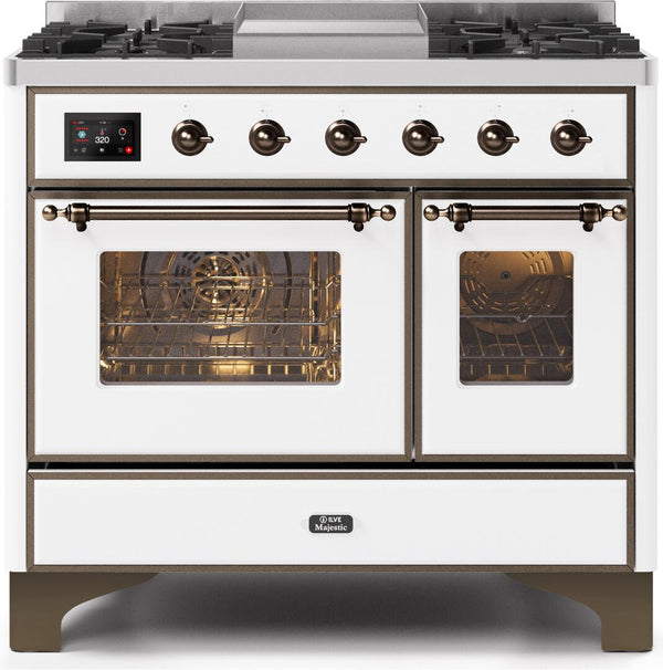 ILVE 40" Majestic II Dual Fuel Range with 6 Sealed Burners and Griddle - 3.82 cu. ft. Oven - Bronze Trim in White (UMD10FDNS3WHB)