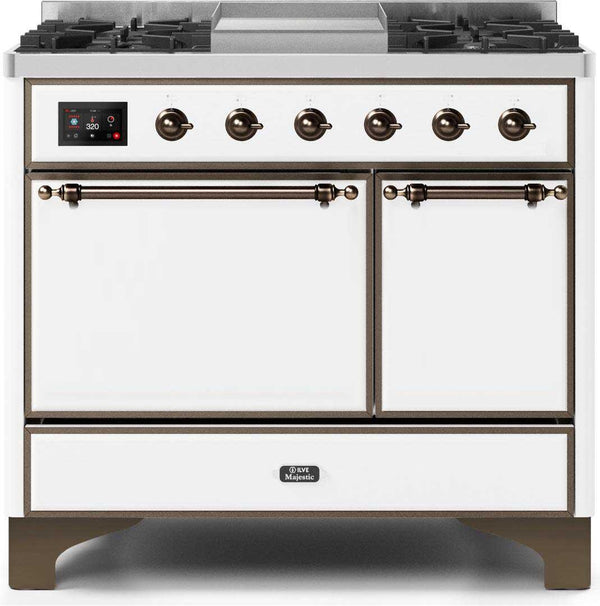 ILVE 40" Majestic II Dual Fuel Range with 6 Sealed Burners and Griddle - 3.82 cu. ft. Oven - Bronze Trim in White (UMD10FDQNS3WHB)