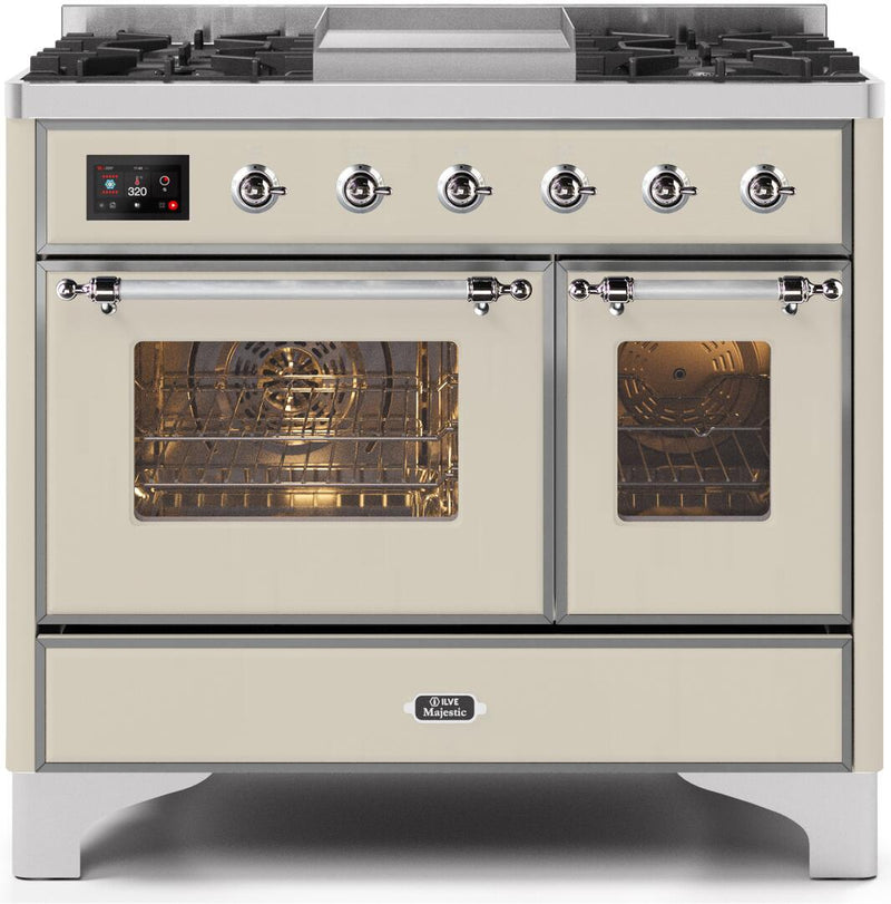 ILVE 40" Majestic II Dual Fuel Range with 6 Sealed Burners and Griddle - 3.82 cu. ft. Oven - Chrome Trim in Antique White (UMD10FDNS3AWC)