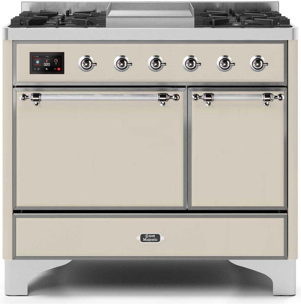 ILVE 40" Majestic II Dual Fuel Range with 6 Sealed Burners and Griddle - 3.82 cu. ft. Oven - Chrome Trim in Antique White (UMD10FDQNS3AWC)