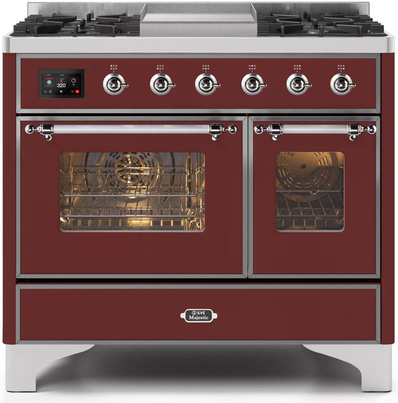 ILVE 40" Majestic II Dual Fuel Range with 6 Sealed Burners and Griddle - 3.82 cu. ft. Oven - Chrome Trim in Burgundy (UMD10FDNS3BUC)