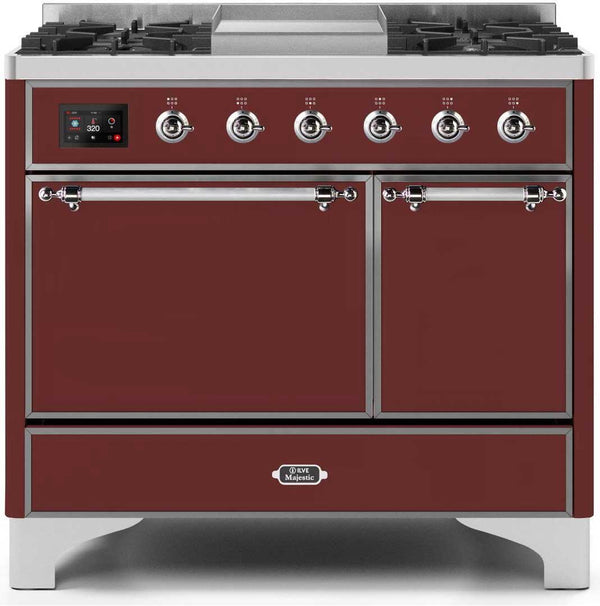 ILVE 40" Majestic II Dual Fuel Range with 6 Sealed Burners and Griddle - 3.82 cu. ft. Oven - Chrome Trim in Burgundy (UMD10FDQNS3BUC)