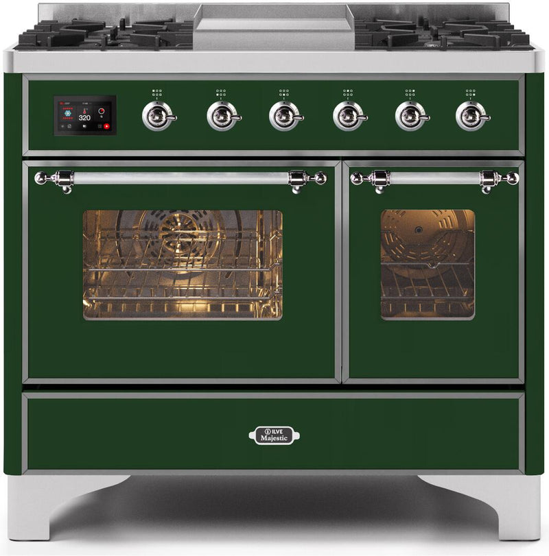 ILVE 40" Majestic II Dual Fuel Range with 6 Sealed Burners and Griddle - 3.82 cu. ft. Oven - Chrome Trim in Emerald Green (UMD10FDNS3EGC)