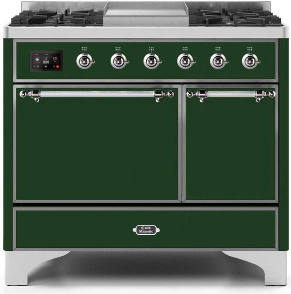 ILVE 40" Majestic II Dual Fuel Range with 6 Sealed Burners and Griddle - 3.82 cu. ft. Oven - Chrome Trim in Emerald Green (UMD10FDQNS3EGC)