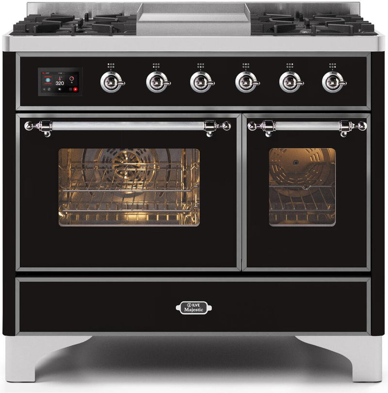 ILVE 40" Majestic II Dual Fuel Range with 6 Sealed Burners and Griddle - 3.82 cu. ft. Oven - Chrome Trim in Glossy Black (UMD10FDNS3BKC)