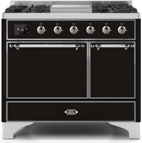 ILVE 40" Majestic II Dual Fuel Range with 6 Sealed Burners and Griddle - 3.82 cu. ft. Oven - Chrome Trim in Glossy Black (UMD10FDQNS3BKC)