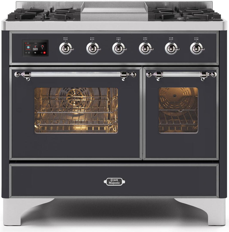 ILVE 40" Majestic II Dual Fuel Range with 6 Sealed Burners and Griddle - 3.82 cu. ft. Oven - Chrome Trim in Matte Graphite (UMD10FDNS3MGC)