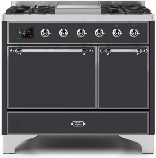 ILVE 40" Majestic II Dual Fuel Range with 6 Sealed Burners and Griddle - 3.82 cu. ft. Oven - Chrome Trim in Matte Graphite (UMD10FDQNS3MGC)