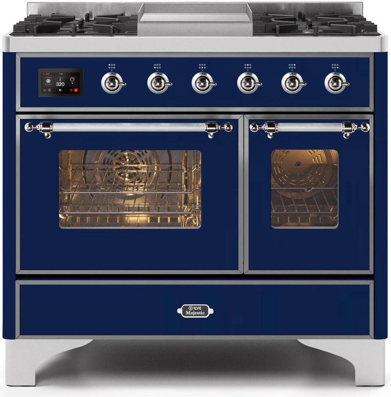 ILVE 40" Majestic II Dual Fuel Range with 6 Sealed Burners and Griddle - 3.82 cu. ft. Oven - Chrome Trim in Midnight Blue (UMD10FDNS3MBC)