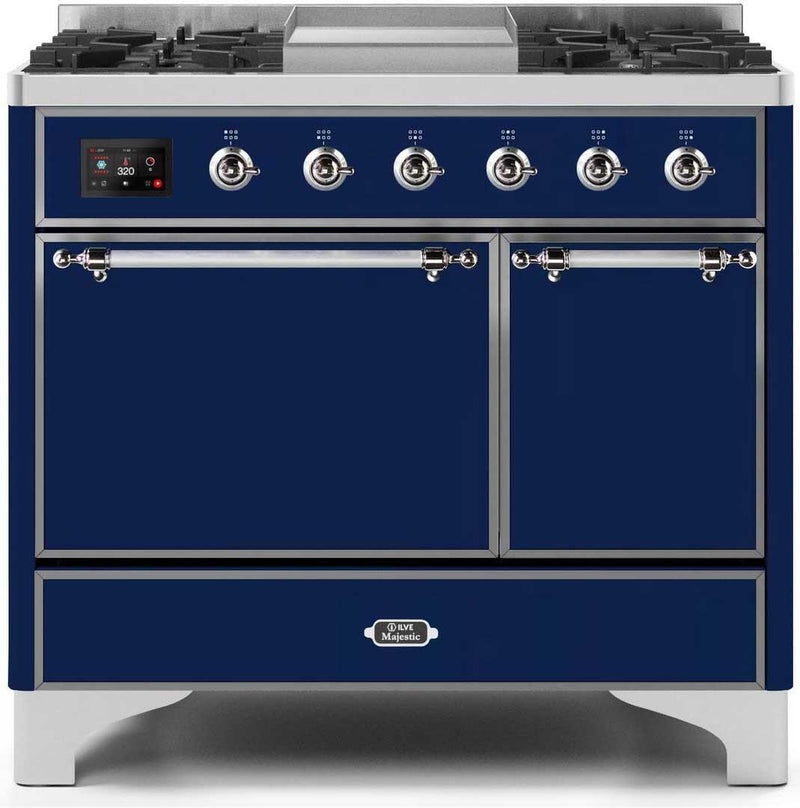 ILVE 40" Majestic II Dual Fuel Range with 6 Sealed Burners and Griddle - 3.82 cu. ft. Oven - Chrome Trim in Midnight Blue (UMD10FDQNS3MBC)