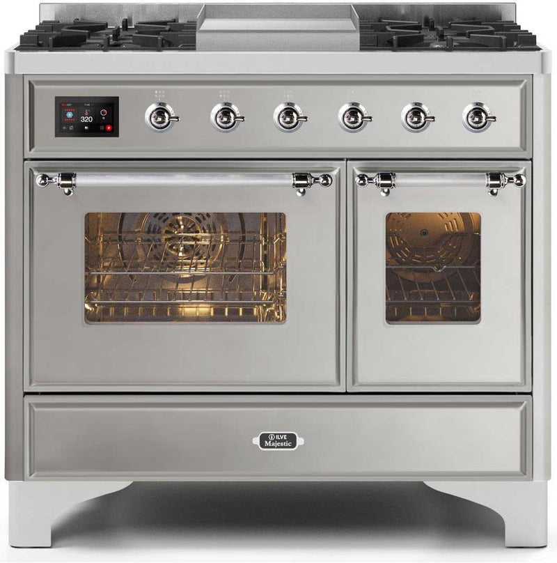 ILVE 40" Majestic II Dual Fuel Range with 6 Sealed Burners and Griddle - 3.82 cu. ft. Oven - Chrome Trim in Stainless Steel (UMD10FDNS3SSC)