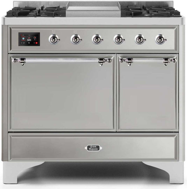 ILVE 40" Majestic II Dual Fuel Range with 6 Sealed Burners and Griddle - 3.82 cu. ft. Oven - Chrome Trim in Stainless Steel (UMD10FDQNS3SSC)