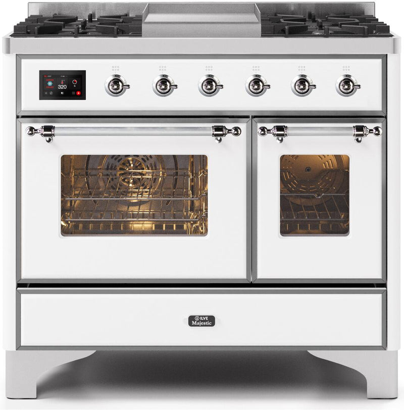 ILVE 40" Majestic II Dual Fuel Range with 6 Sealed Burners and Griddle - 3.82 cu. ft. Oven - Chrome Trim in White (UMD10FDNS3WHC)