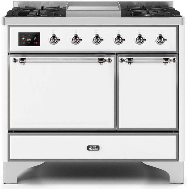 ILVE 40" Majestic II Dual Fuel Range with 6 Sealed Burners and Griddle - 3.82 cu. ft. Oven - Chrome Trim in White (UMD10FDQNS3WHC)