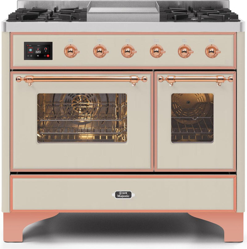 ILVE 40" Majestic II Dual Fuel Range with 6 Sealed Burners and Griddle - 3.82 cu. ft. Oven - Copper Trim in Antique White (UMD10FDNS3AWP)