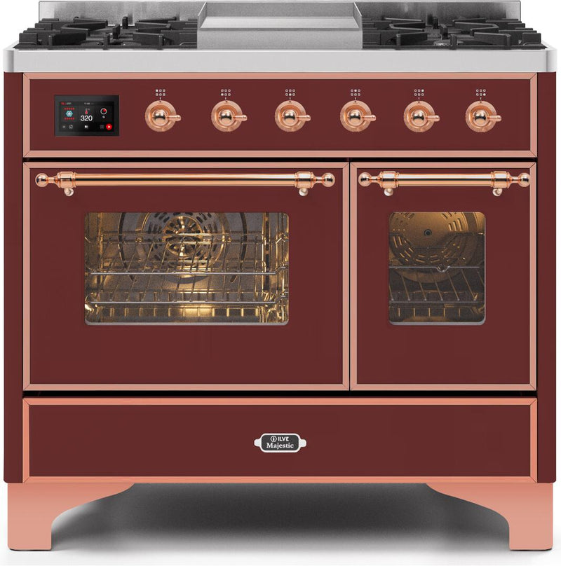 ILVE 40" Majestic II Dual Fuel Range with 6 Sealed Burners and Griddle - 3.82 cu. ft. Oven - Copper Trim in Burgundy (UMD10FDNS3BUP)