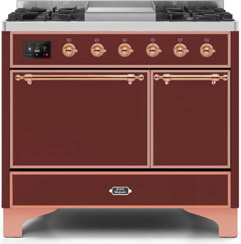 ILVE 40" Majestic II Dual Fuel Range with 6 Sealed Burners and Griddle - 3.82 cu. ft. Oven - Copper Trim in Burgundy (UMD10FDQNS3BUP)