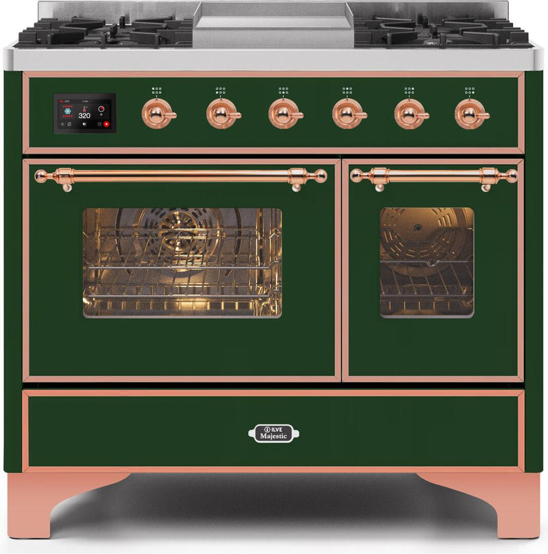 ILVE 40" Majestic II Dual Fuel Range with 6 Sealed Burners and Griddle - 3.82 cu. ft. Oven - Copper Trim in Emerald Green (UMD10FDNS3EGP)