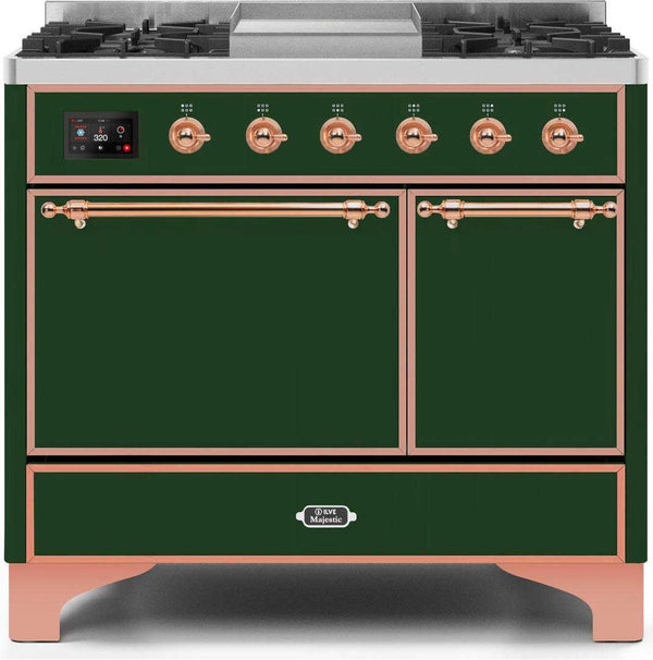 ILVE 40" Majestic II Dual Fuel Range with 6 Sealed Burners and Griddle - 3.82 cu. ft. Oven - Copper Trim in Emerald Green (UMD10FDQNS3EGP)