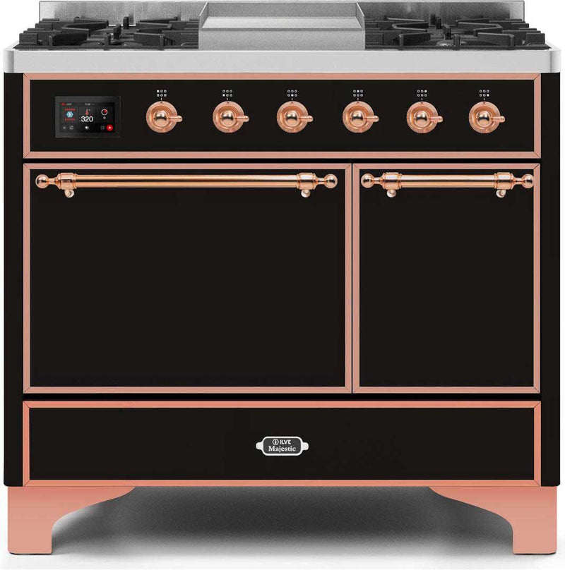 ILVE 40" Majestic II Dual Fuel Range with 6 Sealed Burners and Griddle - 3.82 cu. ft. Oven - Copper Trim in Glossy Black (UMD10FDQNS3BKP)