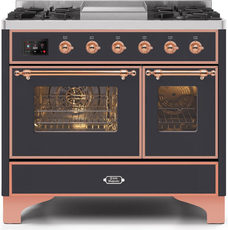 ILVE 40" Majestic II Dual Fuel Range with 6 Sealed Burners and Griddle - 3.82 cu. ft. Oven - Copper Trim in Matte Graphite (UMD10FDNS3MGP)