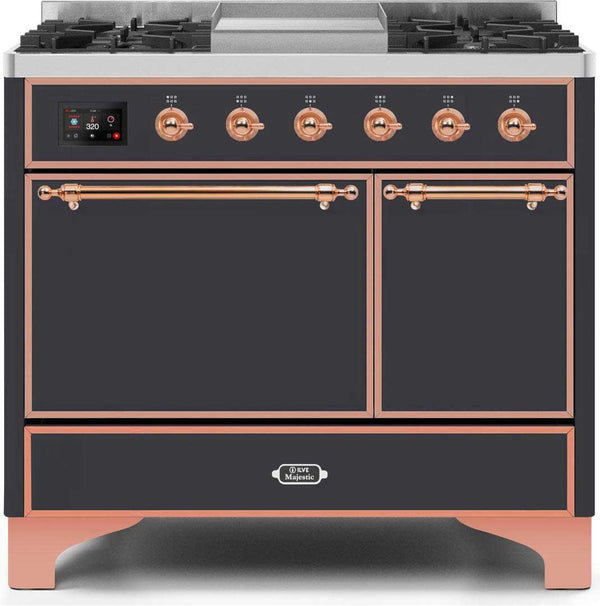 ILVE 40" Majestic II Dual Fuel Range with 6 Sealed Burners and Griddle - 3.82 cu. ft. Oven - Copper Trim in Matte Graphite (UMD10FDQNS3MGP)