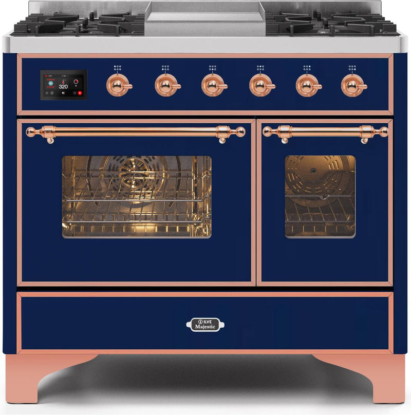 ILVE 40" Majestic II Dual Fuel Range with 6 Sealed Burners and Griddle - 3.82 cu. ft. Oven - Copper Trim in Midnight Blue (UMD10FDNS3MBP)