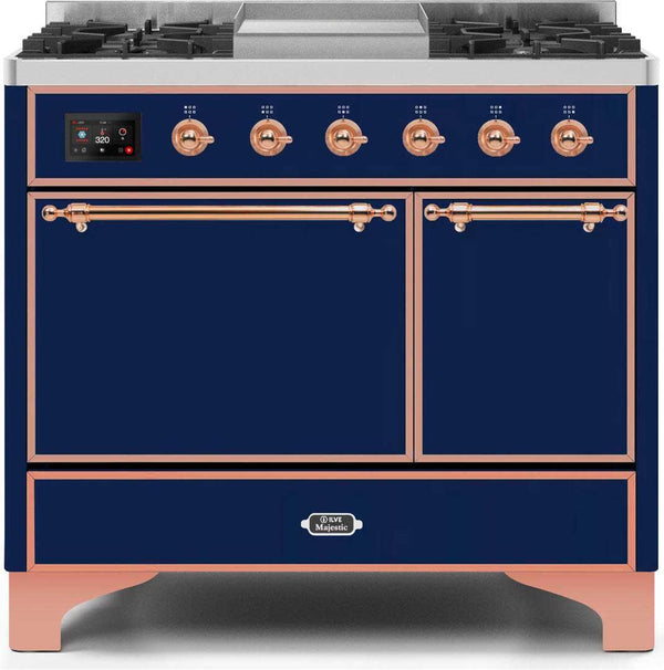 ILVE 40" Majestic II Dual Fuel Range with 6 Sealed Burners and Griddle - 3.82 cu. ft. Oven - Copper Trim in Midnight Blue (UMD10FDQNS3MBP)