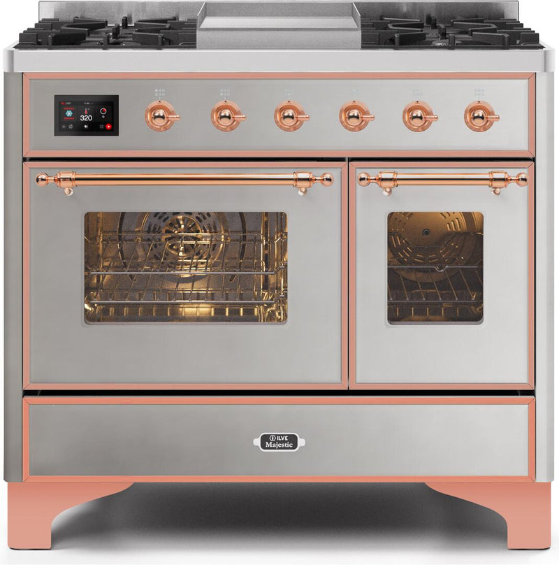 ILVE 40" Majestic II Dual Fuel Range with 6 Sealed Burners and Griddle - 3.82 cu. ft. Oven - Copper Trim in Stainless Steel (UMD10FDNS3SSP)